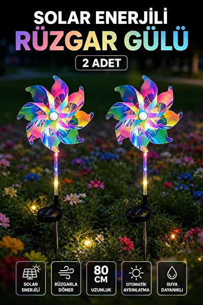 Coverzone Solar Enerjili Rüzgar Gülü 2'li Set 80 CM Işıklı Bahçe Süsü Dekoratif Rüzgar Çarkı