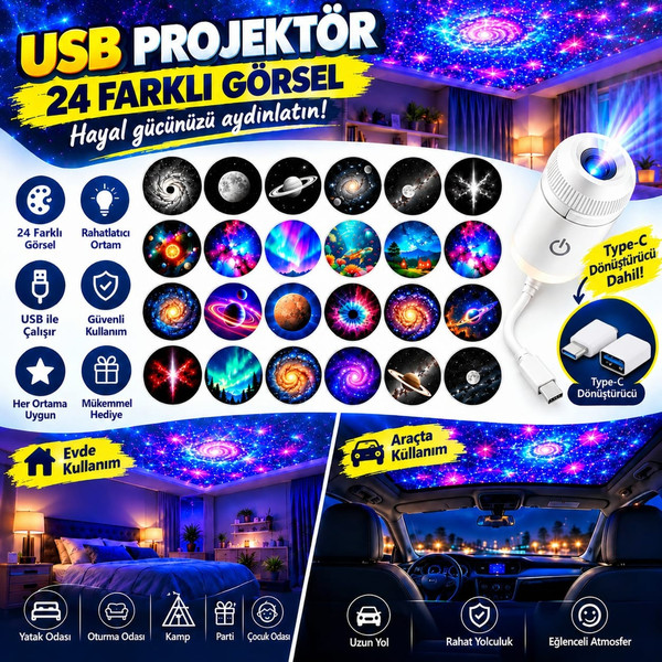 Sge Teknoloji 24 Farklı Desenli USB LED Projektör Gece Lambası 360 Derece Ayarlanabilir Yıldız Galaksi