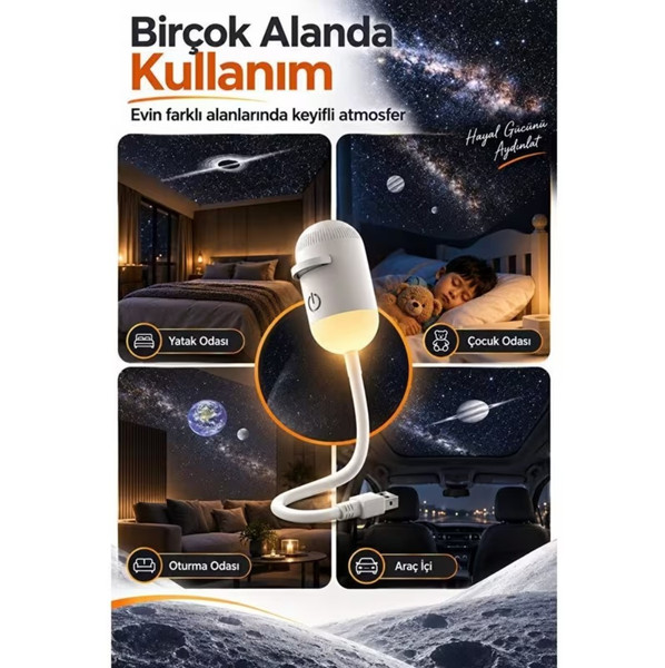 Sge Teknoloji 24 Farklı Desenli USB LED Projektör Gece Lambası 360 Derece Ayarlanabilir Yıldız Galaksi