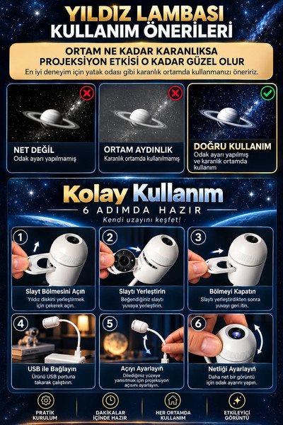 Sge Teknoloji 24 Farklı Desenli USB LED Projektör Gece Lambası 360 Derece Ayarlanabilir Yıldız Galaksi