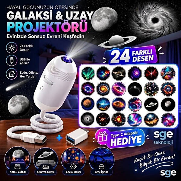 Sge Teknoloji 20 Renkli 4 Siyah Beyaz Desenli USB LED Projektör Gece Lambası 360 Derece Ayarlanabilir