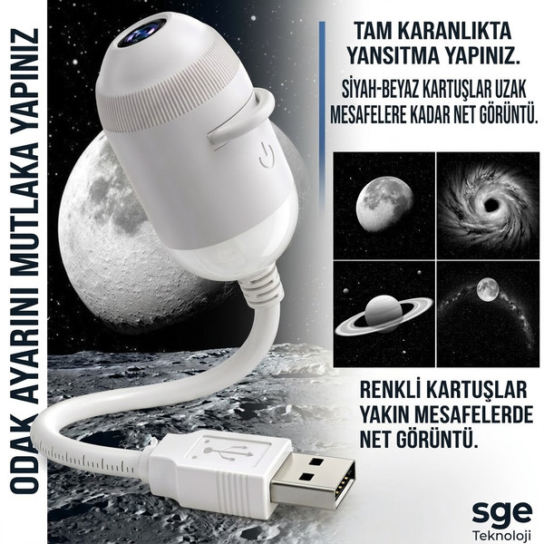 Sge Teknoloji 20 Renkli 4 Siyah Beyaz Desenli USB LED Projektör Gece Lambası 360 Derece Ayarlanabilir