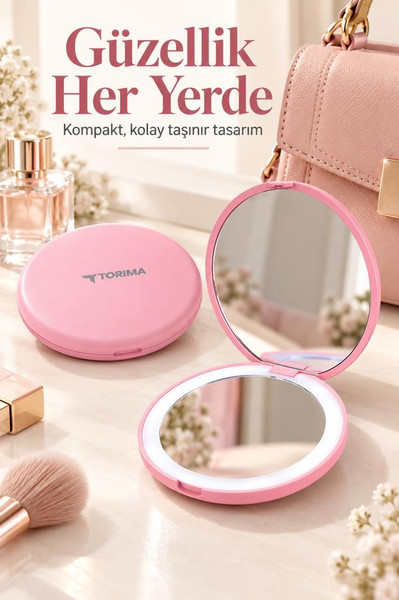 Torima Led Işıklı Type-C Şarjlı Makyaj Aynası Çift Taraflı HD Mini Ayna TMR01 Pembe
