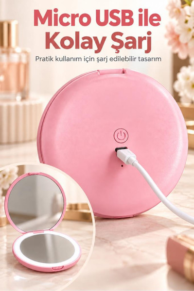 Torima Led Işıklı Type-C Şarjlı Makyaj Aynası Çift Taraflı HD Mini Ayna TMR01 Pembe