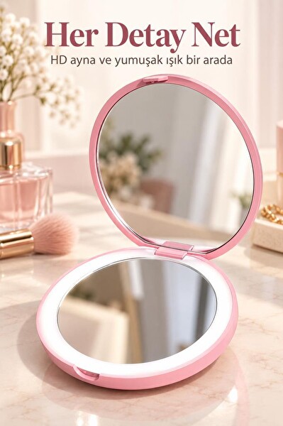 Torima Led Işıklı Type-C Şarjlı Makyaj Aynası Çift Taraflı HD Mini Ayna TMR01 Pembe