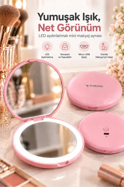 Torima Led Işıklı Type-C Şarjlı Makyaj Aynası Çift Taraflı HD Mini Ayna TMR01 Pembe