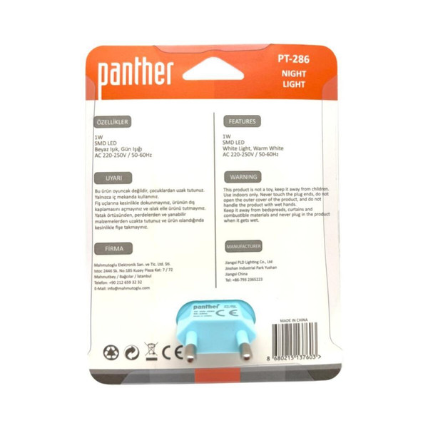Panther PT-286 Anahtarlı Priz Tipi Gece Lambası - Sarı Beyaz Işık