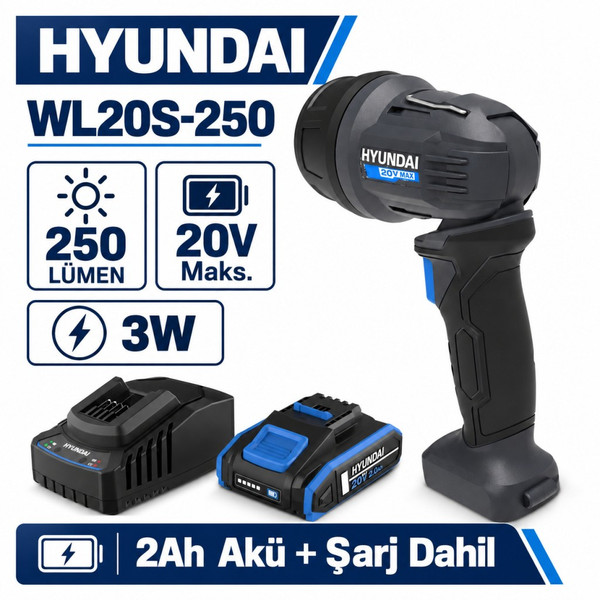Hyundai WL20S-250 20V Akülü LED Çalışma Lambası Seti 250 Lümen 2Ah Akü ve Şarj Cihazı Dahil