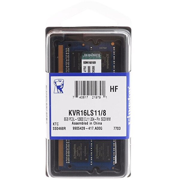 Kingston Valueram KVR16LS11/8WP 8 GB 1600 Mhz DDR3 CL11 Notebook RAM