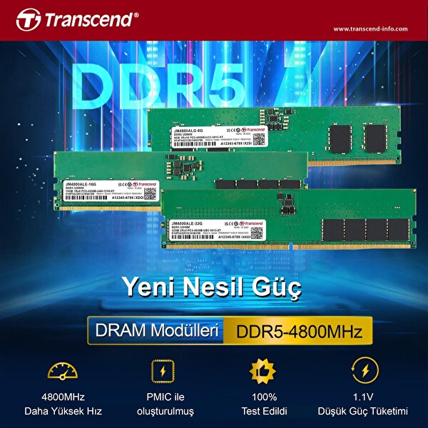 Transcend JM4800ALE-32G 32 GB DDR5 4800 MHz CL40 1.1V Masaüstü RAM