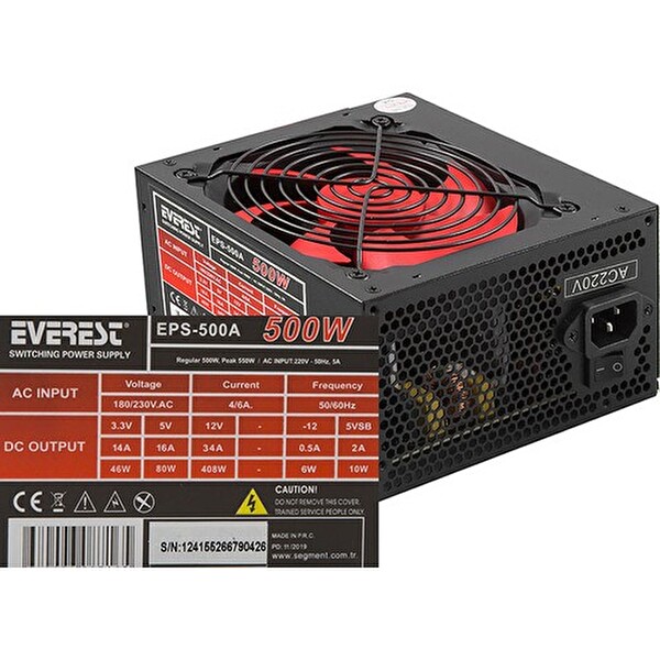 Everest EPS-500A Real 500 W 12 CM 4 SATA 12 CM Güç Kaynağı