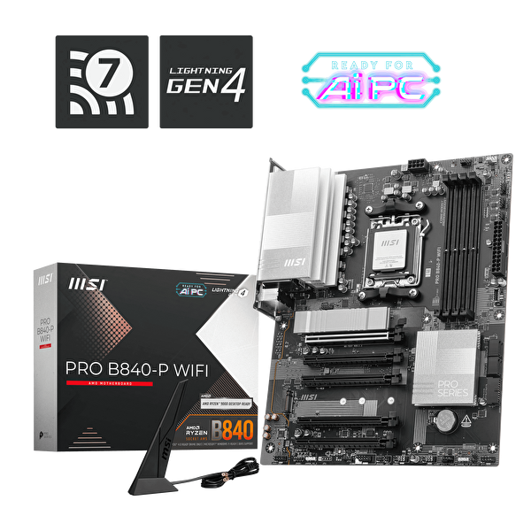 MSI MB PRO B840-P WiFi AM5 DDR5 8000MHz OC HDMI 2x M.2 USB 10Gbps 2.5G LAN Wi-Fi 7 ATX Anakart