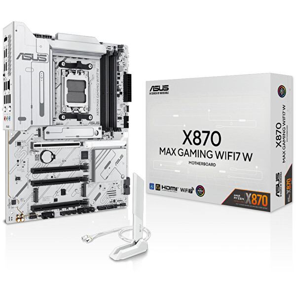 Asus X870 MAX Gaming WiFi7 W AMD X870 AM5 DDR5 8000 HDMI 2xUSB4 3x M2 USB3.2 WiFi 7 - BT AURA RGB 5Gbit LAN ATX Beyaz Anakart
