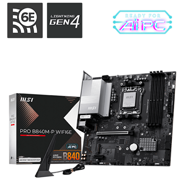 MSI PRO B840M-P WiFi6-E DDR5 AMD B840 AM5 Soket DDR5 8000 MHz OC mATX Anakart