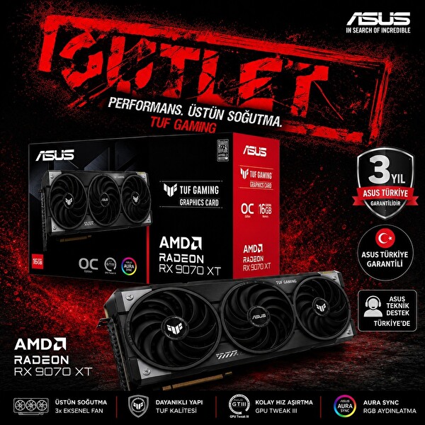 Asus RX 9070 TUF Gaming OC Edition TUF-RX9070-O16G-Gaming 256 Bit GDDR6 16 GB Oyuncu Ekran Kartı