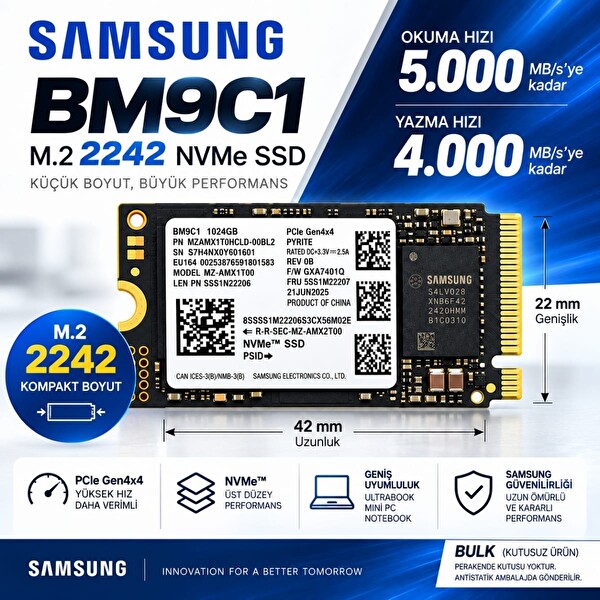 Samsung BM9C1 1 TB M.2 2242 NVMe PCIe Gen4x4 SSD MZAMX1T0HCLD-00BL2 Bulk