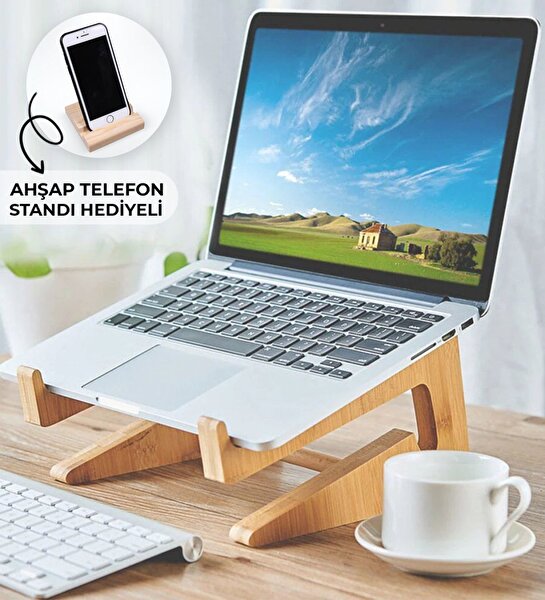 BK BK Gift Özel Tasarım Taşınabilir Ahşap Notebook Laptop Standı (Ahşap Telefon Standı Hediyeli)