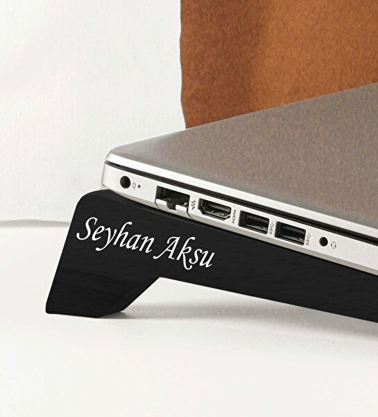 BK Kişiye Özel Taşınabilir Ahşap Siyah Notebook Laptop Standı