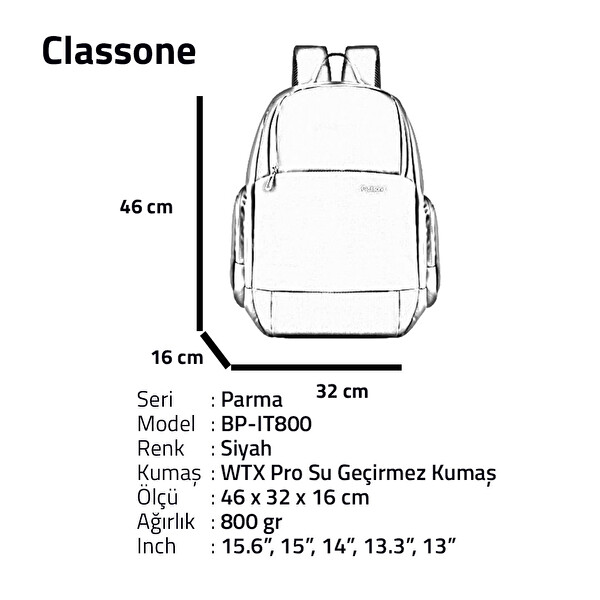 Classone BP-IT800 Parma Serisi Wtxpro Su Geçirmez Kumaş 15.6” Siyah Laptop Sırt Çantası