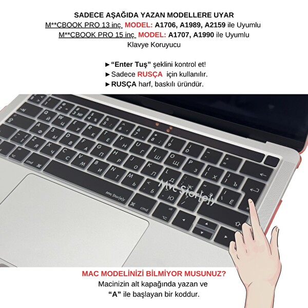 McStorey MacBook Pro A1706 A1989 A2159 A1707 A1990 Uyumlu Rusça Harf Baskılı Siyah Klavye Kılıfı