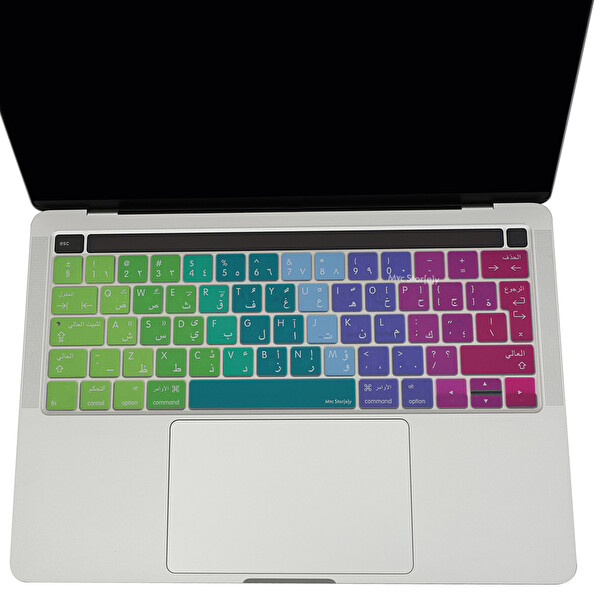 McStorey MacBook Pro A1706 1989 2159 1707 1990 Uyumlu UK Arapça Harf Baskı Dazzle Pembe Yeşil Klavye Kılıfı