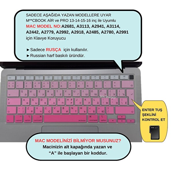 McStorey MacBook Air Pro M1-M2-M3 A2681 A2941 A2442 A2485 Uyumlu Gradient Pembe Rusça Klavye Koruyucu