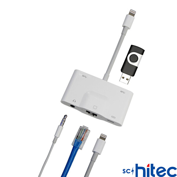 ScHitec 5in1 Lightning to Ethernet RJ45 2xUSB-A Şarj Kulaklık Girişli Dönüştürücü Adaptör