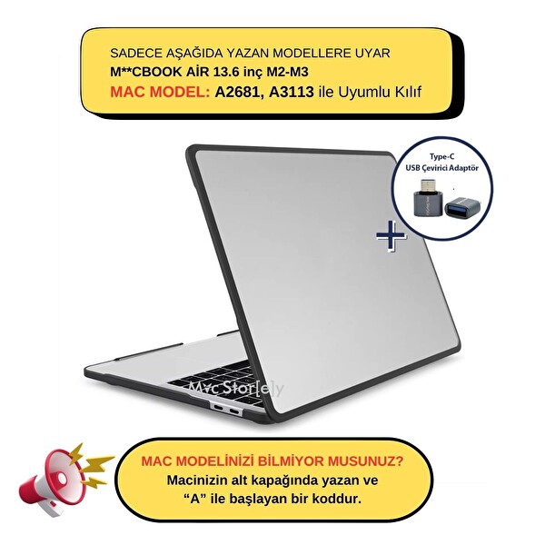 Macbook Air 13.6 inç M2-M3, TPU Outdoor (TouchID'li Air M2-M3) A2681 A3113 ile Uyumlu Şeffaf