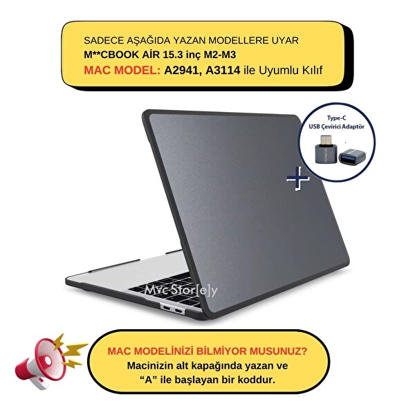 Macbook Air Kılıf 15.3 inç M2-M3, TPU Outdoor (TouchID'li Air M2-M3) A2941 A3114 ile Uyumlu Siyah