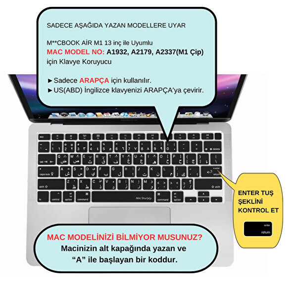McStorey Siyah Arapça Klavye Koruyucu MacBook Air M1 13