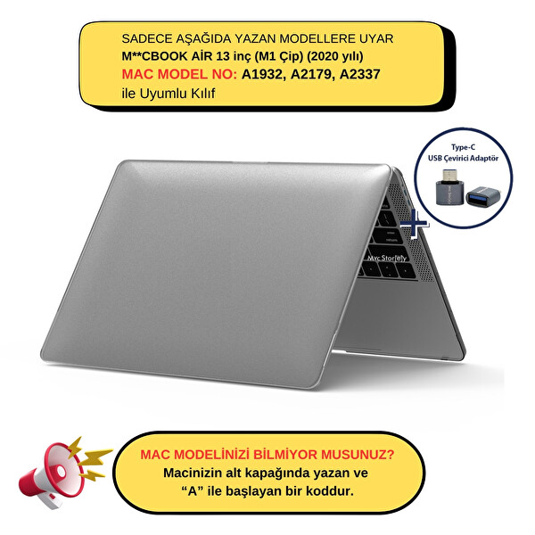McStorey Macbook Air M1 Kılıf 13 inç Kristalline İz Yapmaz (TouchID'li M1 Air) A2337 A2179 A1932 ile Uyumlu Gri