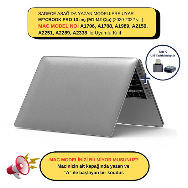 McStorey Macbook Pro Kılıf 13inç M1-M2, Kristalline İz Yapmaz A1706 A1708 A1989 A2159 A2251 A2289 A2338 ile Uyumlu Gri