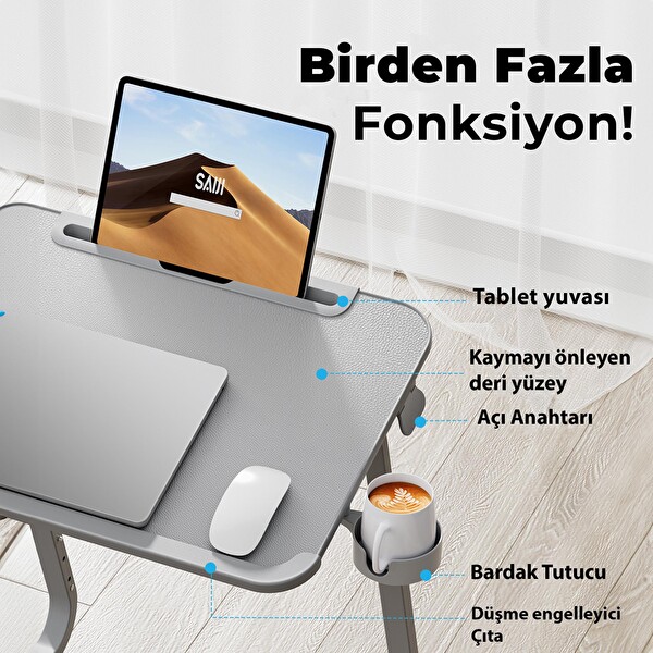 Bix Saiji F2 Tablet Yuvası Bardak Tutucu ve TV Yatak Tepsisi Özellikli Çalışma Masası Gri