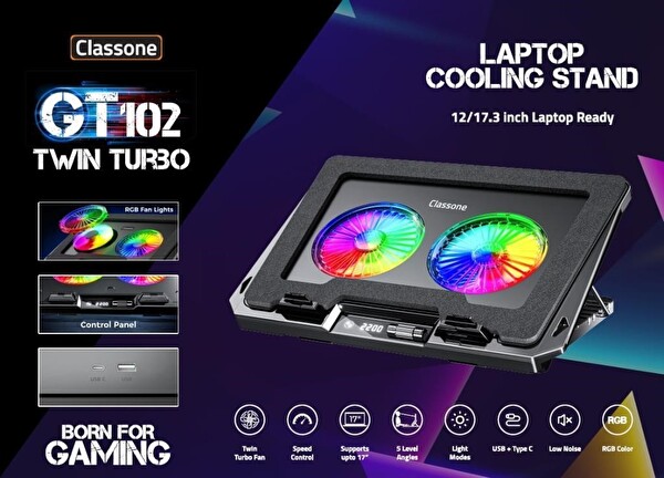 Classone GT102 Gaming Laptop Soğutucu 2200rpm RGB Işıklı Led Display Notebook Soğutucu Stant
