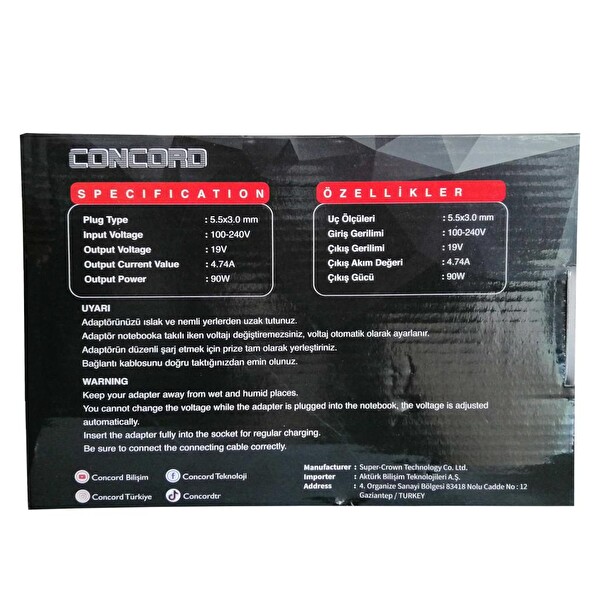 Concord C-1507 19V 4.74A Samsung Siyah Laptop Şarj Adaptörü