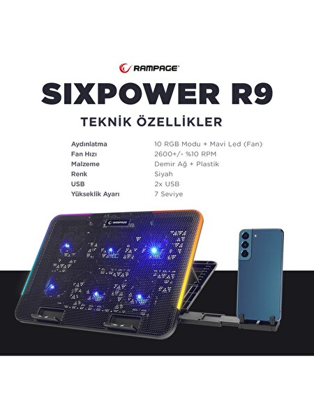 Rampage SIXPOWER R9 6 Fan RGB Işıklı Telefon Tutuculu Notebook Soğutucu