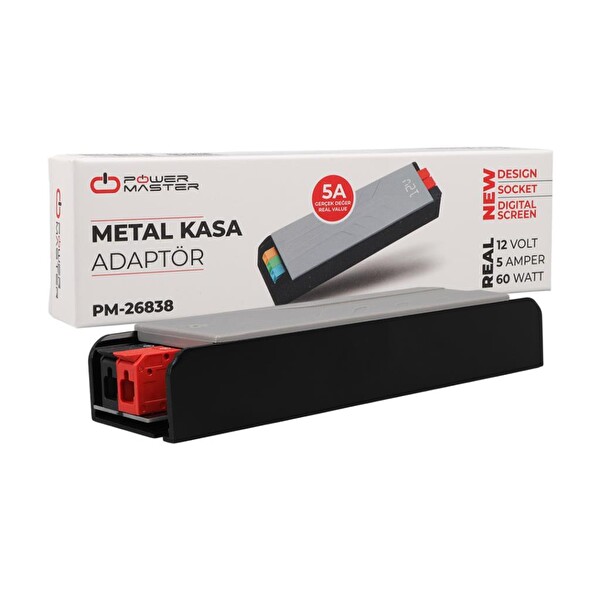 PowerMaster PM-26837 12Volt 3Amper Slim Metal Kasa Adaptör Voltaj Göstergeli 128x42x27mm