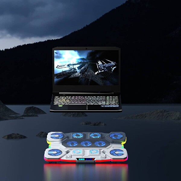Rampage S50 Glacier Beyaz RGB Işıklı 11 Fanlı LCD Göstergeli 1 Type C 1 Usb Girişli Yükselebilen Notebook Soğutucu