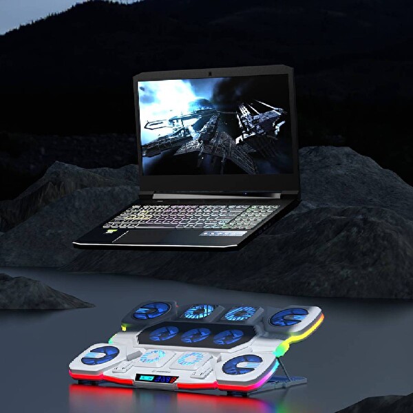 Rampage S50 Glacier Beyaz RGB Işıklı 11 Fanlı LCD Göstergeli 1 Type C 1 Usb Girişli Yükselebilen Notebook Soğutucu