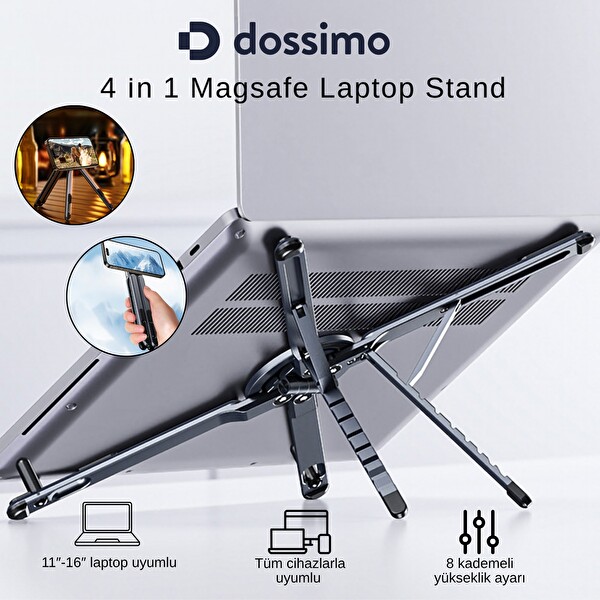 Dossimo DS-500 4 in 1 Katlanabilir Portatif Laptop Standı Manyetik MagSafe Telefon ve Tablet Tutucu Tripod