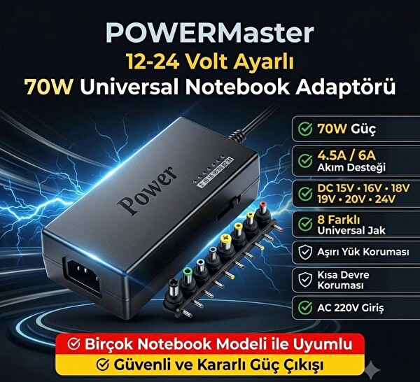 Powermaster 12-24 Volt Ayarlı 8 Uçlu Universal Laptop Adaptör