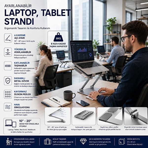 Schitec Metal Ayarlanabilir Laptop Tablet Macbook Matebook Yükseltici Katlanabilir Stand Tutucu Gri