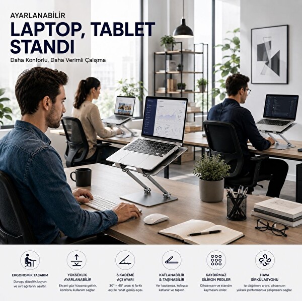 Schitec Metal Ayarlanabilir Laptop Tablet Macbook Matebook Yükseltici Katlanabilir Stand Tutucu Gri
