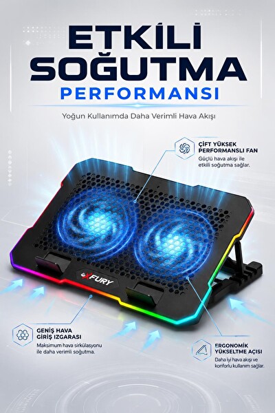 Fury E-Sport RGB Laptop Soğutucu 2 Fanlı Ayarlanabilir Standlı Notebook Soğutucu
