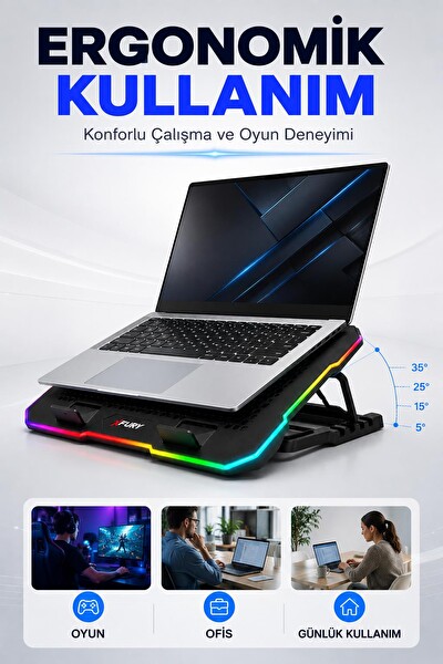 Fury E-Sport RGB Laptop Soğutucu 2 Fanlı Ayarlanabilir Standlı Notebook Soğutucu