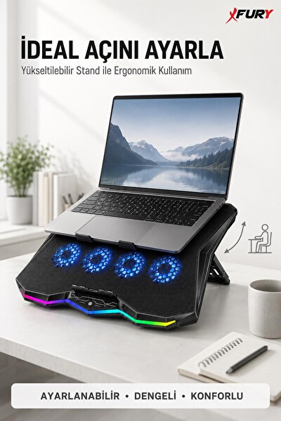 Fury E-Sport RGB Laptop Soğutucu 8 Fanlı Ayarlanabilir Standlı Notebook Soğutucu