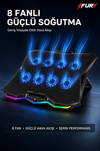 Fury E-Sport RGB Laptop Soğutucu 8 Fanlı Ayarlanabilir Standlı Notebook Soğutucu