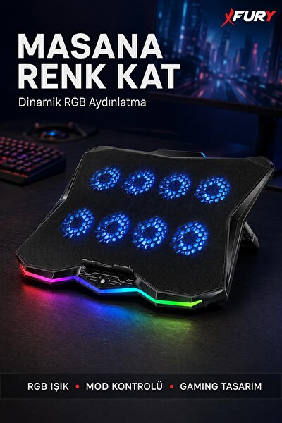 Fury E-Sport RGB Laptop Soğutucu 8 Fanlı Ayarlanabilir Standlı Notebook Soğutucu