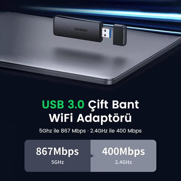 Ugreen AC1300 USB 3.0 1300 Mbps 2.4/5 GHz Wi-Fi Kablosuz Alıcı Ağ Adaptörü