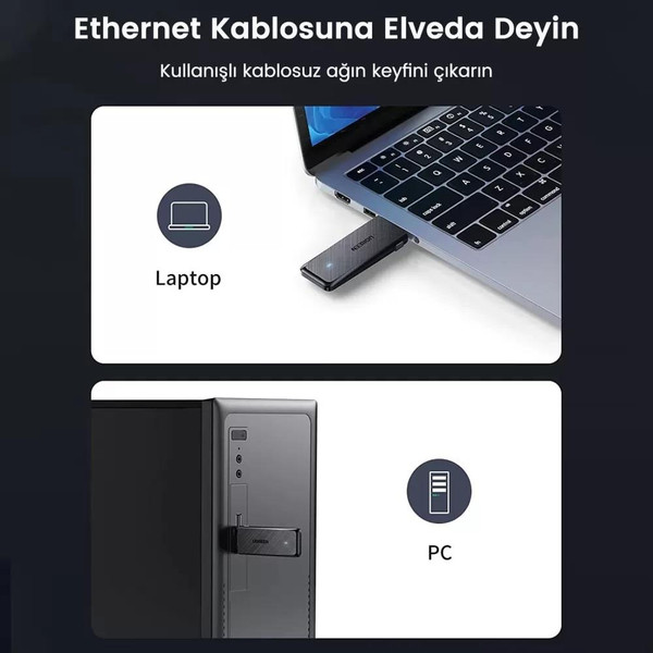 Ugreen AC1300 USB 3.0 1300 Mbps 2.4/5 GHz Wi-Fi Kablosuz Alıcı Ağ Adaptörü